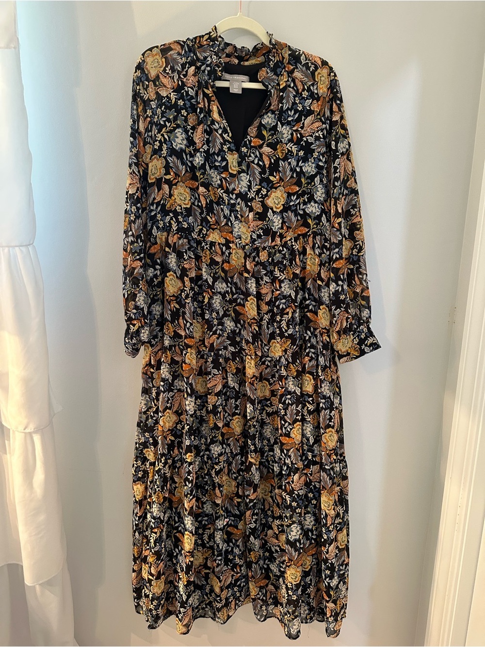 Lucky Brand Boho Floral Tiered V-Neck Long Sleeve Midi Maxi Dress Size XL